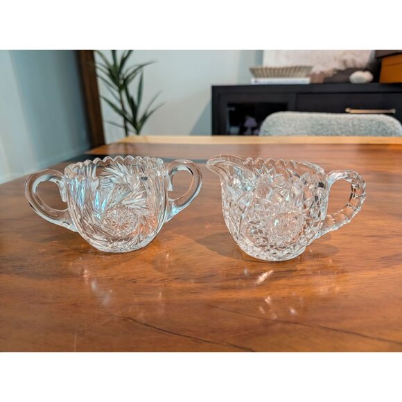 VTG ABP American Brilliant Cut Glass Pinwheel Hobstar Sugar Bowl & Creamer - Picture 2 of 12